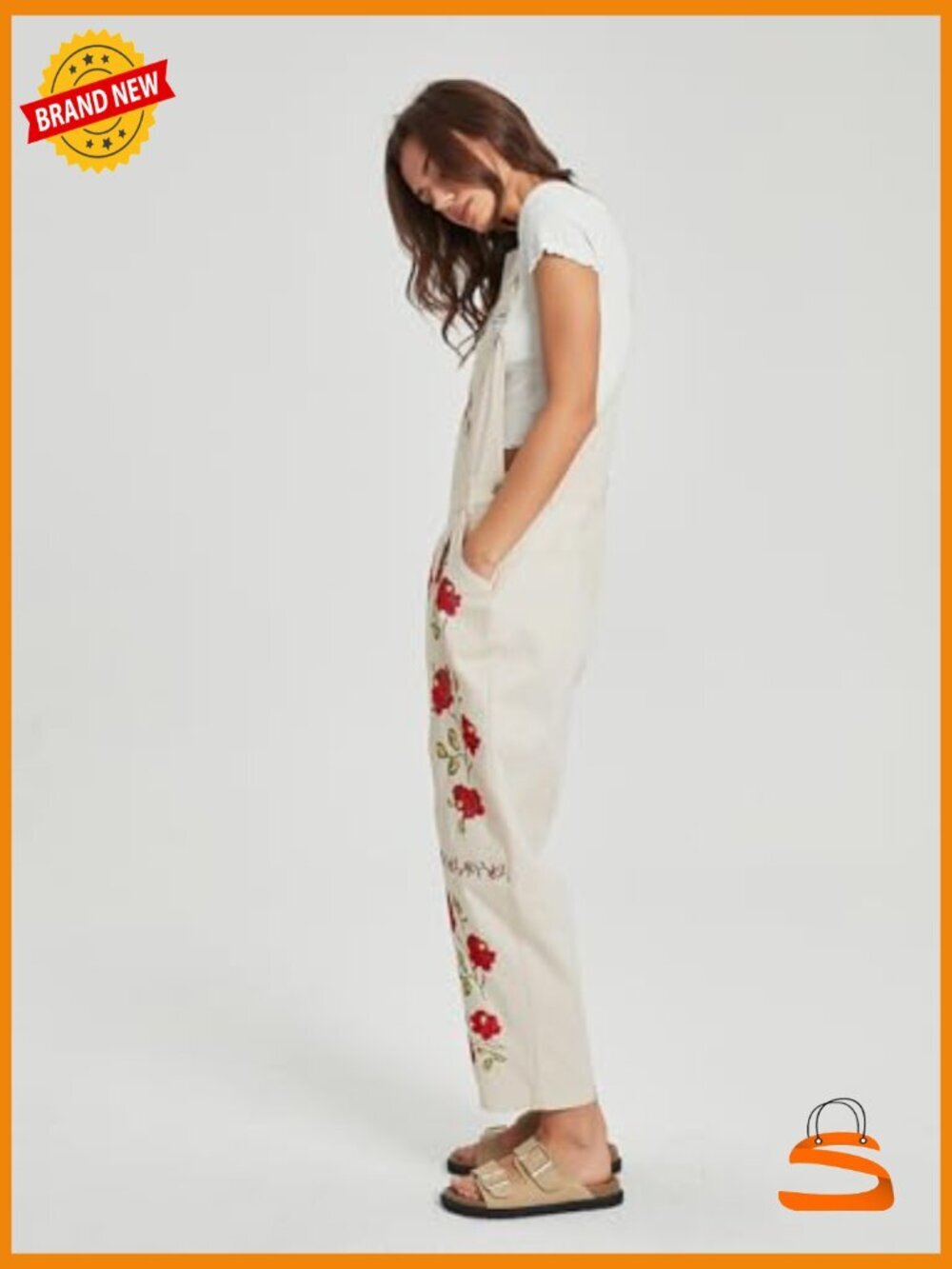Loose Fit Floral Embroidered Denim Bib Jumpsuit Barrel Pants Overalls with - Picture 4 of 7
